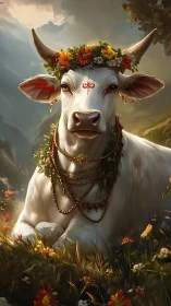 Sacred white cow rests crowned with wild mountain flowers.