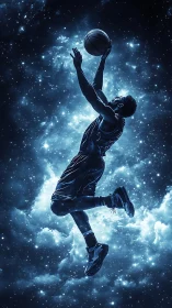 Cosmic blue silhouette of leaping basketball player in nebula.