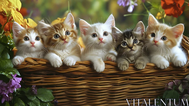 Five Kittens in Wicker Basket Surrounded by Colorful Garden Flowers.