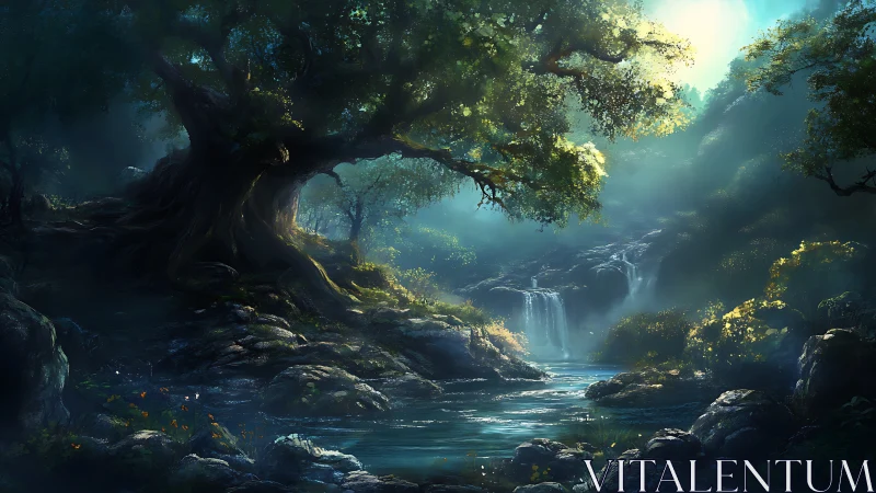 Ancient Forest Gorge with Waterfall.