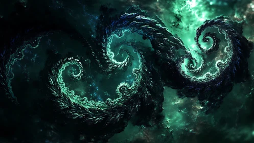 Emerald fractal vortexes forming turbulent cosmic waves.
