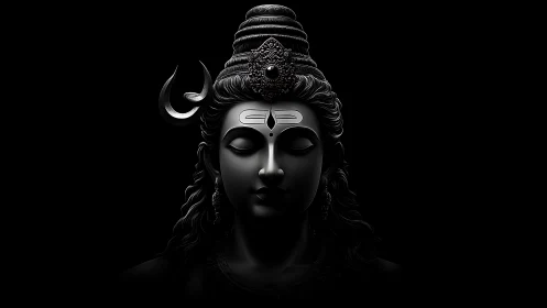 Dark monochrome portrait of Shiva with crescent moon detail.
