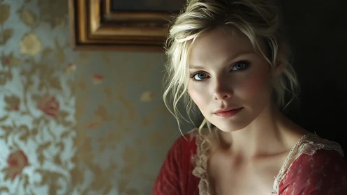 Blonde woman in soft interior light against floral wall decor.