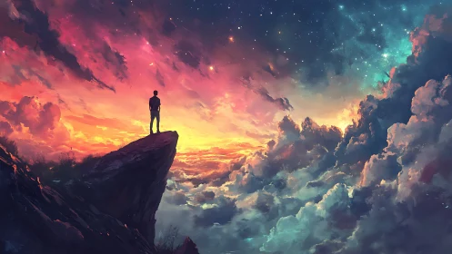 Solitary dreamer surveys a cosmic sea of clouds and starlight