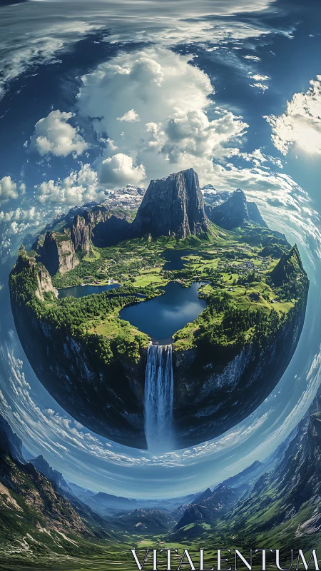Floating spherical world with towering cliffs and waterfall.