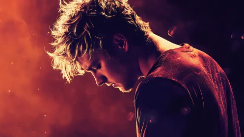 Digital painting portrait in ember-toned dramatic profile lighting.