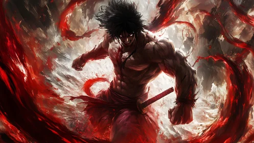 Storm-forged warrior wrapped in swirling crimson fury.