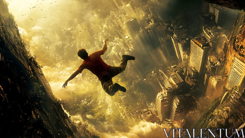 Inverted megacity freefall with volumetric golden haze.