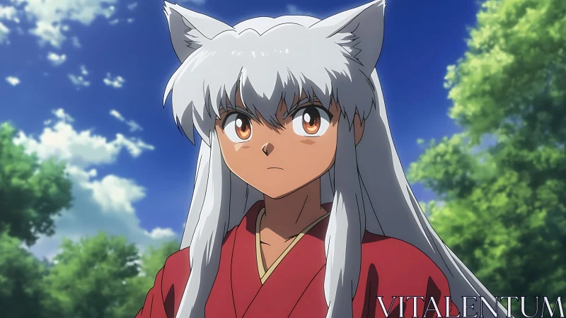 Silver-haired fox warrior under vivid summer forest sky.