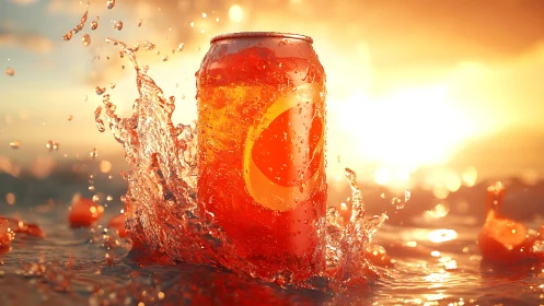 Chilled orange soda can splashes through sunset water