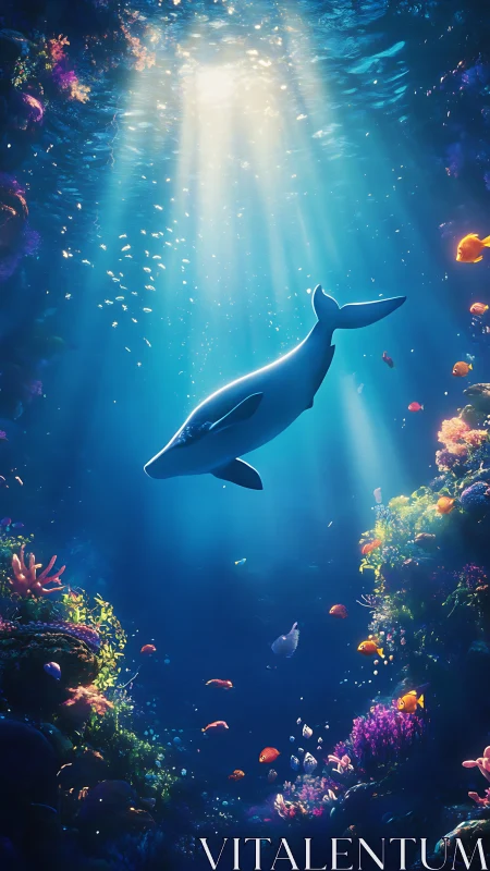 Whale swims through sunlit underwater canyon of coral reef