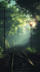 Curved forest railway glows under soft morning backlight
