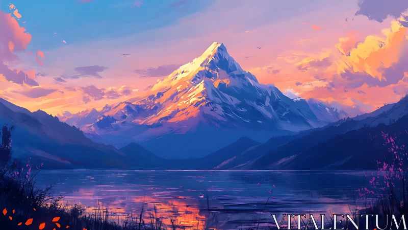 Snow peak dominates vivid sunset lake panorama