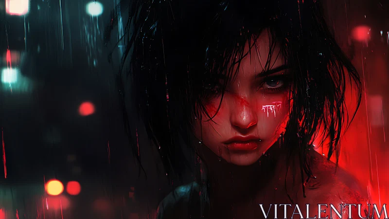 Cybernetic rain portrait with neon red ocular focus.