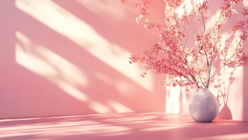Soft pink cherry blossoms in minimalist ceramic vase still life.