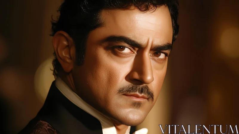 Intense male portrait under warm dramatic studio lighting