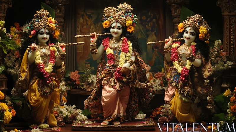 Radiant devotional deities adorned in flowers and gold.