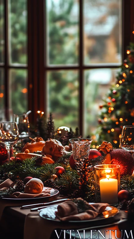 Candlelit holiday table glows with festive feast and décor.