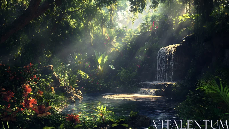 Hidden jungle waterfall pool kissed by soft morning light.