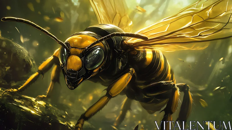 Macro digital portrait of hornet in luminous forest light