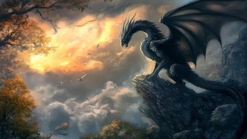 Armored dragon overlooks stormlit valley in cinematic dusk lighting