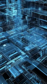 Abstract blue digital city grid in layered perspective.