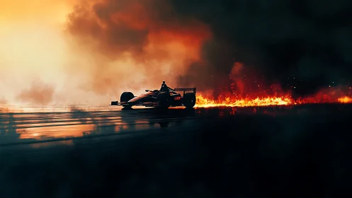 Formula racer cutting through blazing track haze at dusk.