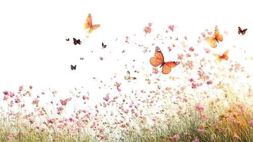 Orange butterflies over pink wildflower meadow on white