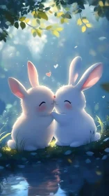 Two white rabbits touching noses beside reflective water surface.