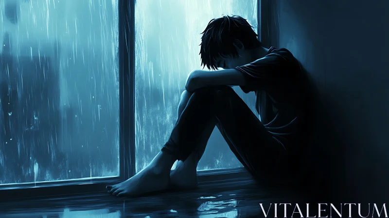 Silhouetted figure sitting by rain covered window in blue tones.