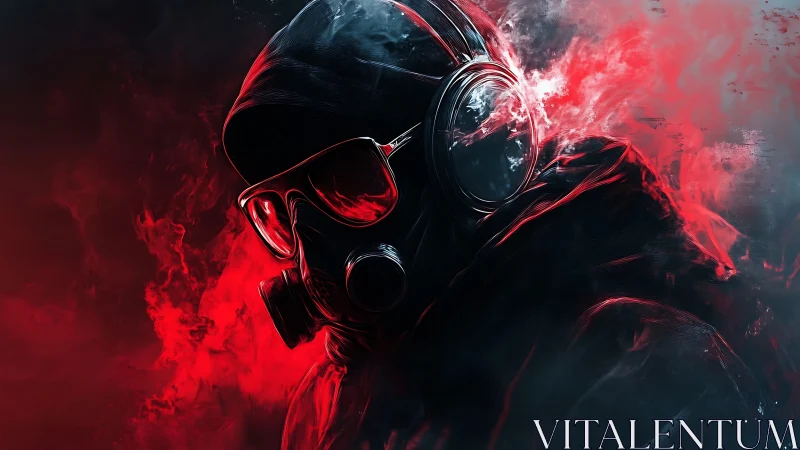 Smoldering gas mask hero stands within swirling red smoke