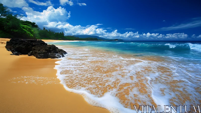 Tropical shoreline with golden sand and vivid turquoise surf.
