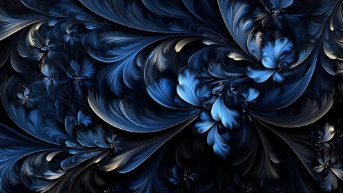 Midnight fractal petals in luminous cobalt blue motion.