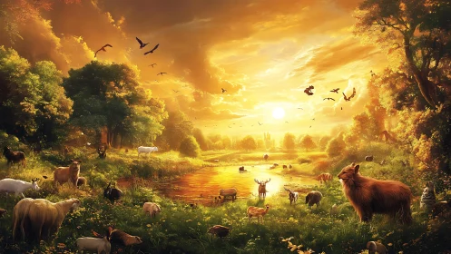 Golden meadow sunset gathers peaceful animals by the lake