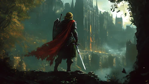 Lone crimson-caped warrior confronting a burning dark citadel.