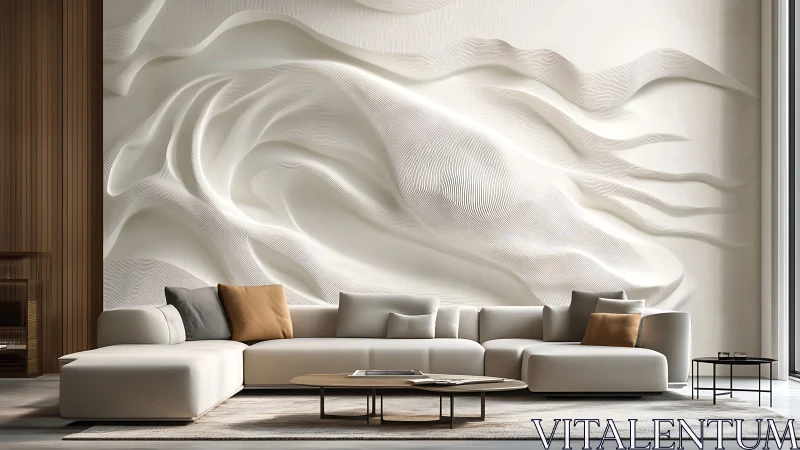Soft sculpted wall art elevates a serene minimalist living room