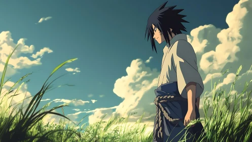 Quiet warrior in sunlit grasslands under drifting clouds.