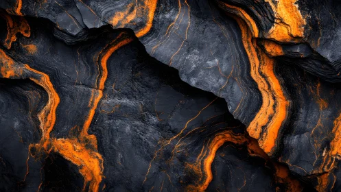 Abstract dark stone texture with vivid orange veins, digital art.