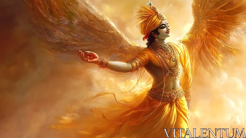 Digital painting of radiant winged deity in golden atmosphere.
