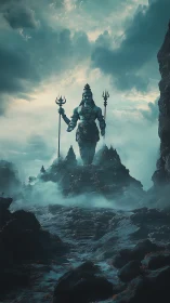 Monumental trident-bearing deity statue in misted terrain.