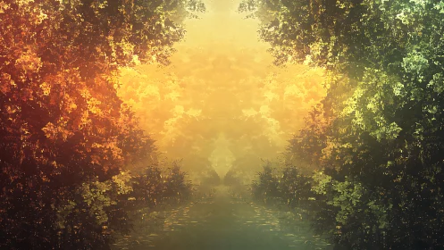 Forest gateway blazed in twin autumn and emerald light.