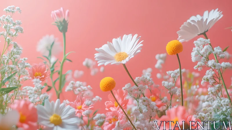 Daisies and baby's breath blooms against coral backdrop.