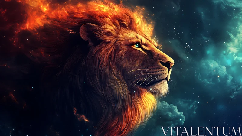 Celestial profile of fiery-maned lion in luminous nebula