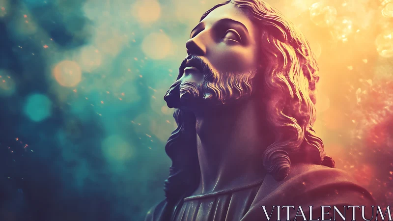 Reverent stone bust gazes toward glowing celestial light