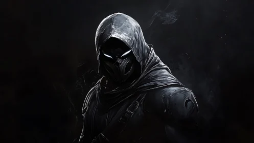 Hooded armored figure stands in low key digital composition