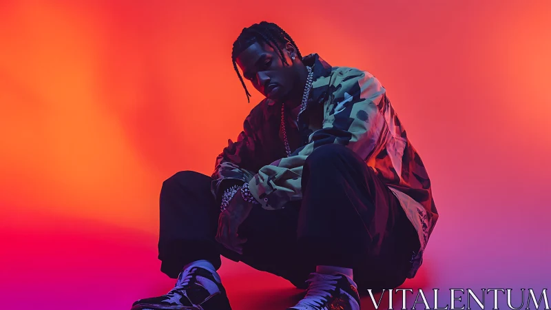 Streetwear artist sits in neon orange and violet glow.