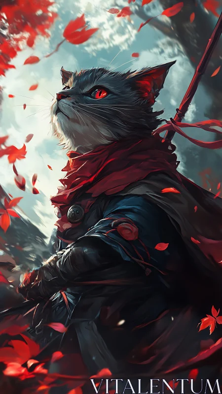 Armored feline figure stands under red foliage in motion