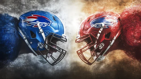 Clash of Colorful Gridiron Beasts in Midair Roar Standoff.