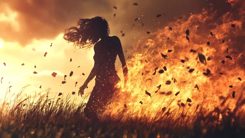 Woman Silhouette Stands Against Raging Wildfire.