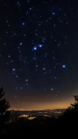 Night sky over illuminated coastline shows dense star field